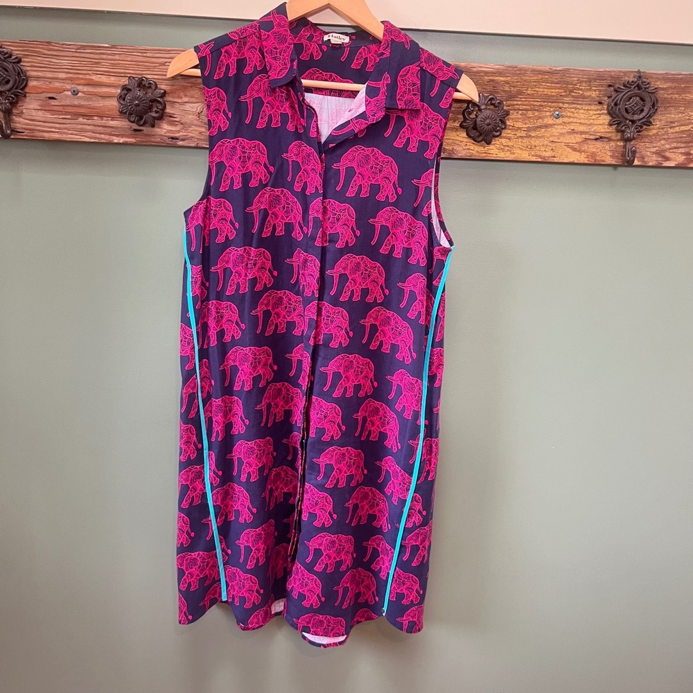 Hatley Pink Elephant Print Lyocell Sleeveless Shirt Dress Navy Blue Size M